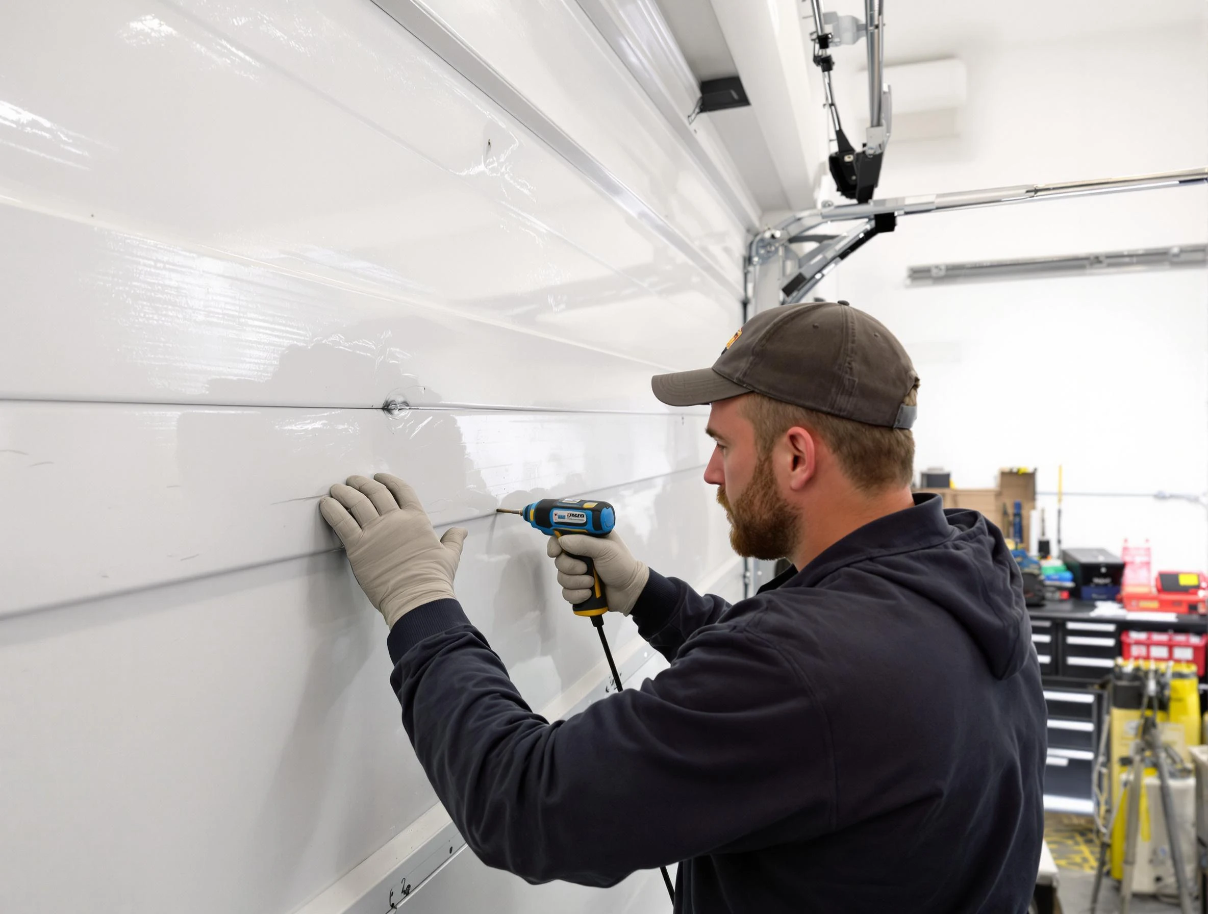 South Fayette Garage Door Repair technician demonstrating precision dent removal techniques on a South Fayette garage door